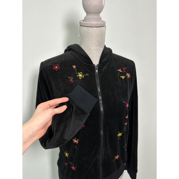 Vintage Y2K Black Velour Floral Embroidered Track Jacket Hoodie size M/L - Picture 2 of 9